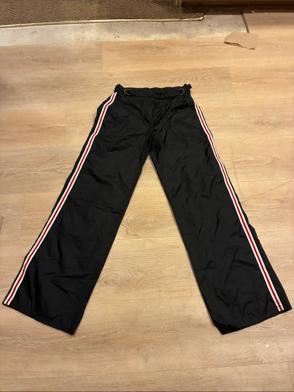 Womens Moda International Black Track Pants with Red & White Side Stripes Sz S